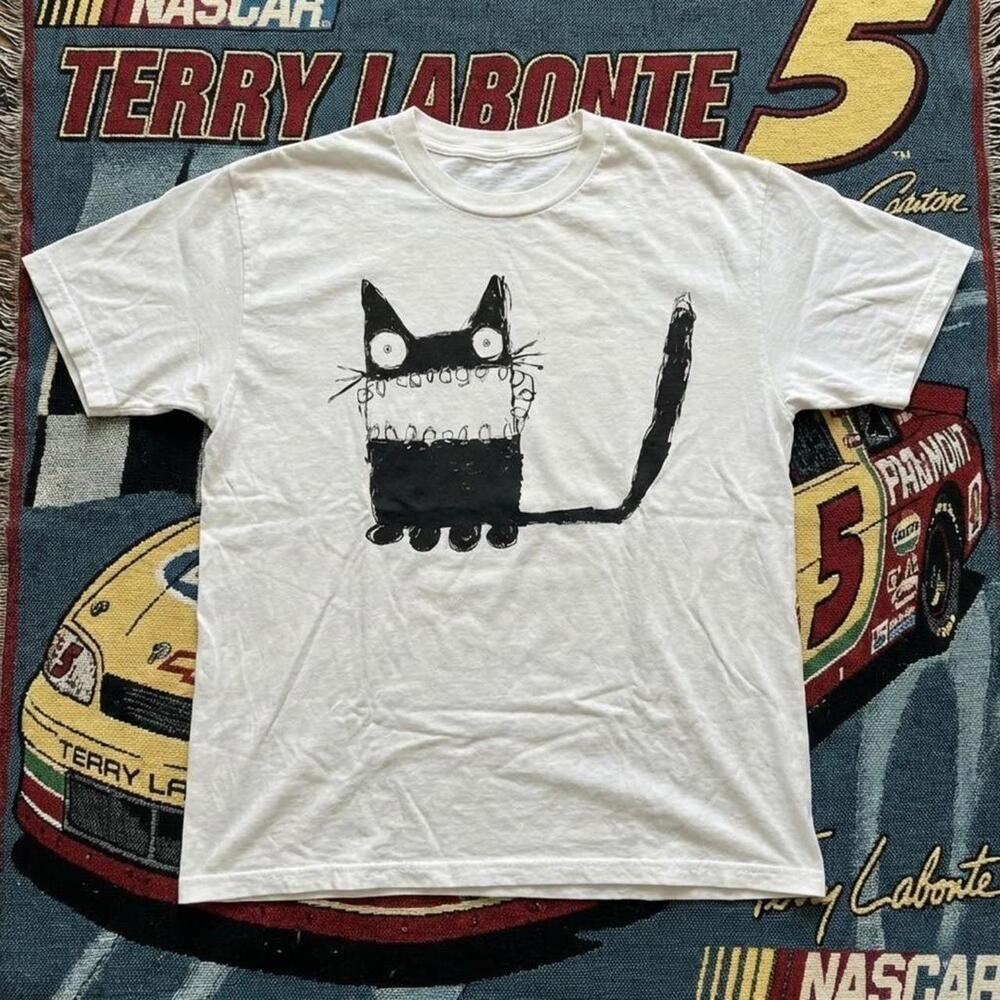Funny Cat T Shirt Chaotic Scribble Anxiety Graphic White Tee